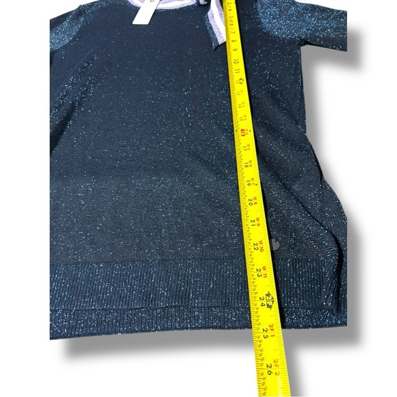 Anthropologie NUMPH Sparkly Navy with White Accents Short Sleeve Tie Collar Top - Picture 13 of 16